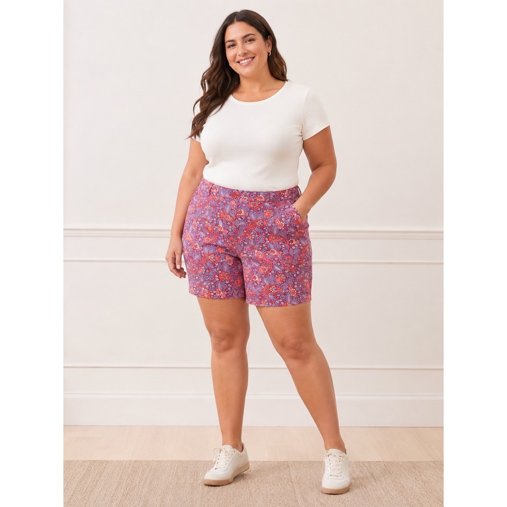 Talbots Plus Women‎ 20W Paisley Floral Shorts Red Blue Elastic Waist Stretch